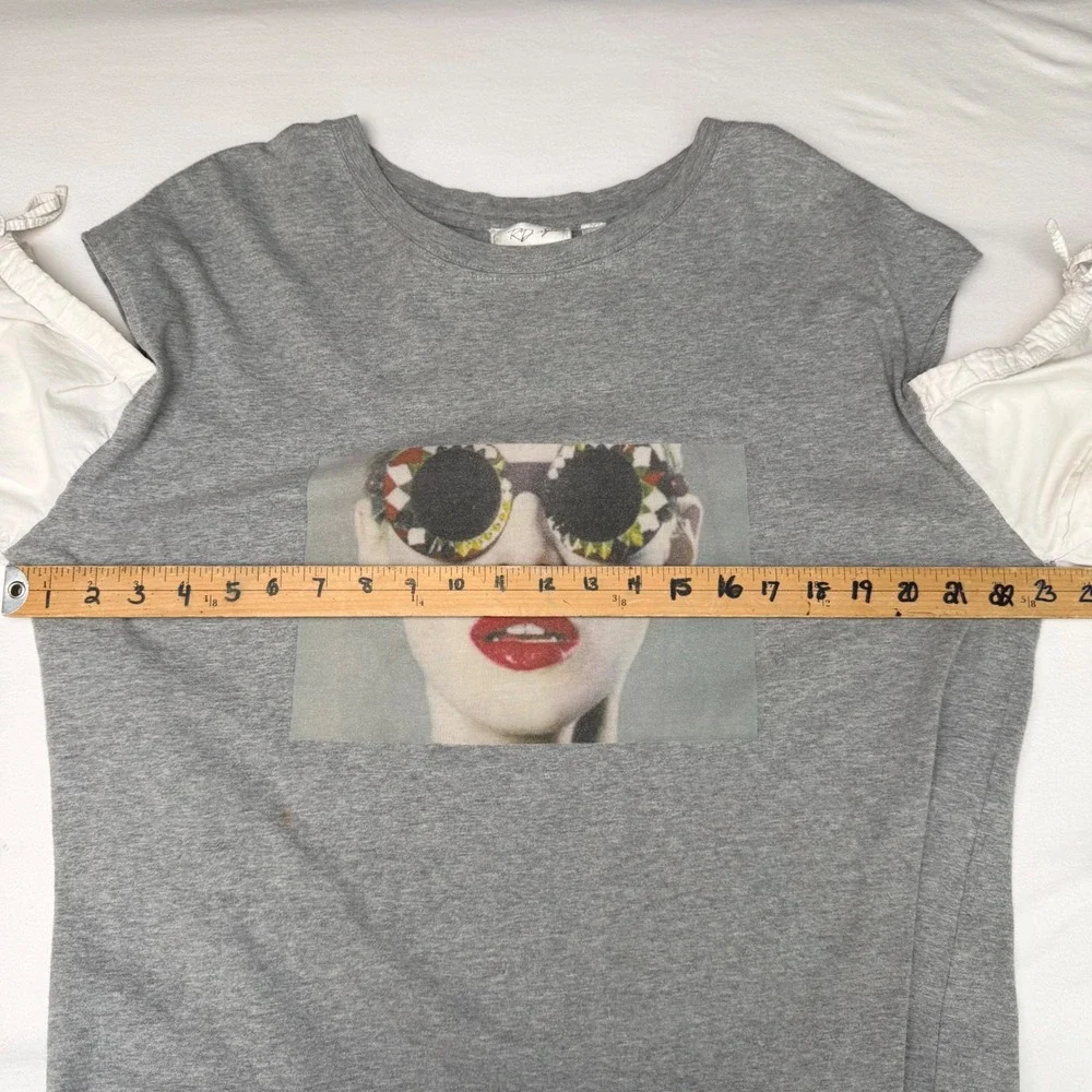 RD Style Graphic T-Shirt Dress Gray Cotton Puff Sleeve Pop Art Cold Shoulder L - Picture 8 of 10